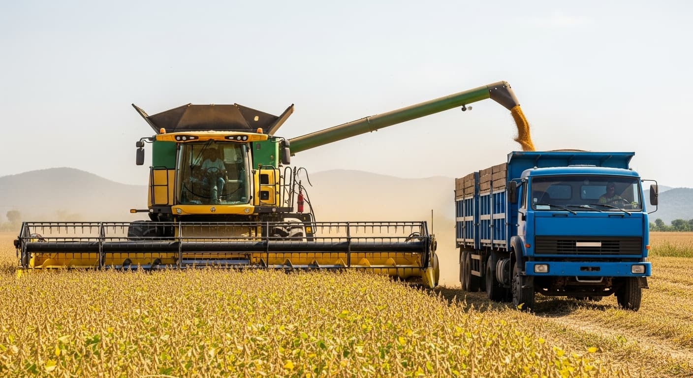A combine harvester loading soybean grains onto a truck in Nigeria (AI-generated image)