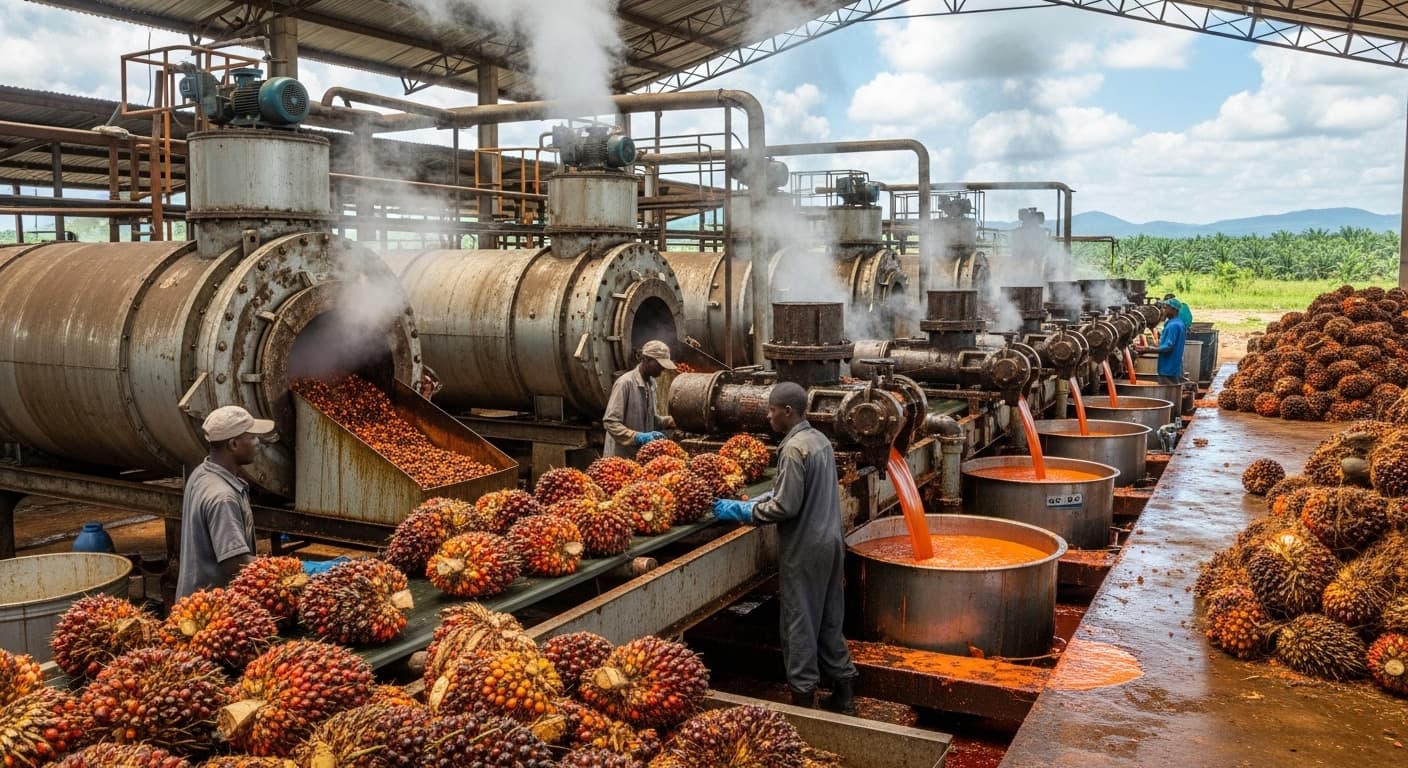 Línea de producción de aceite de palma crudo (imagen generada por IA).