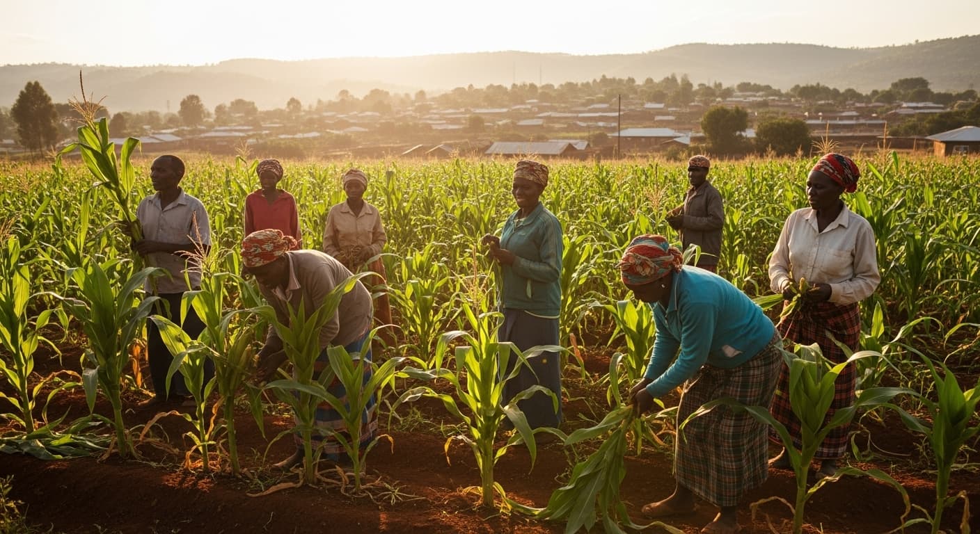 Agricultores trabajando en un campo de maíz en Kenia (imagen generada por IA).