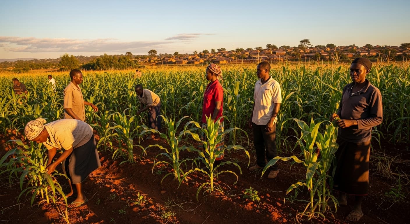 Farmers working in a maize field in Kenya (AI-generated image).
