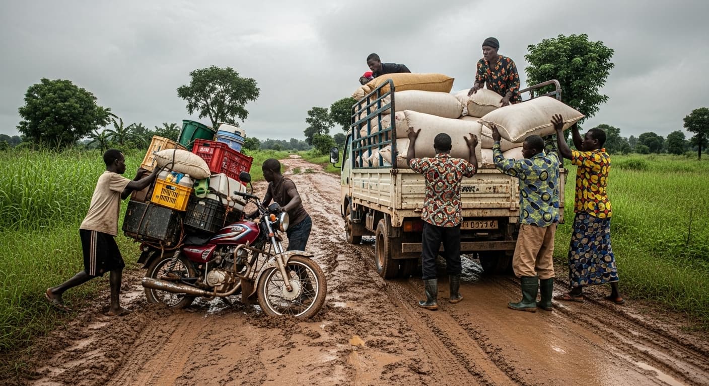 Una motocicleta sobrecargada y un pequeño camión están atascados en una carretera rural enlodada mientras los agricultores cargan sacos de maíz bajo un cielo nublado en Ghana (imagen generada por IA).