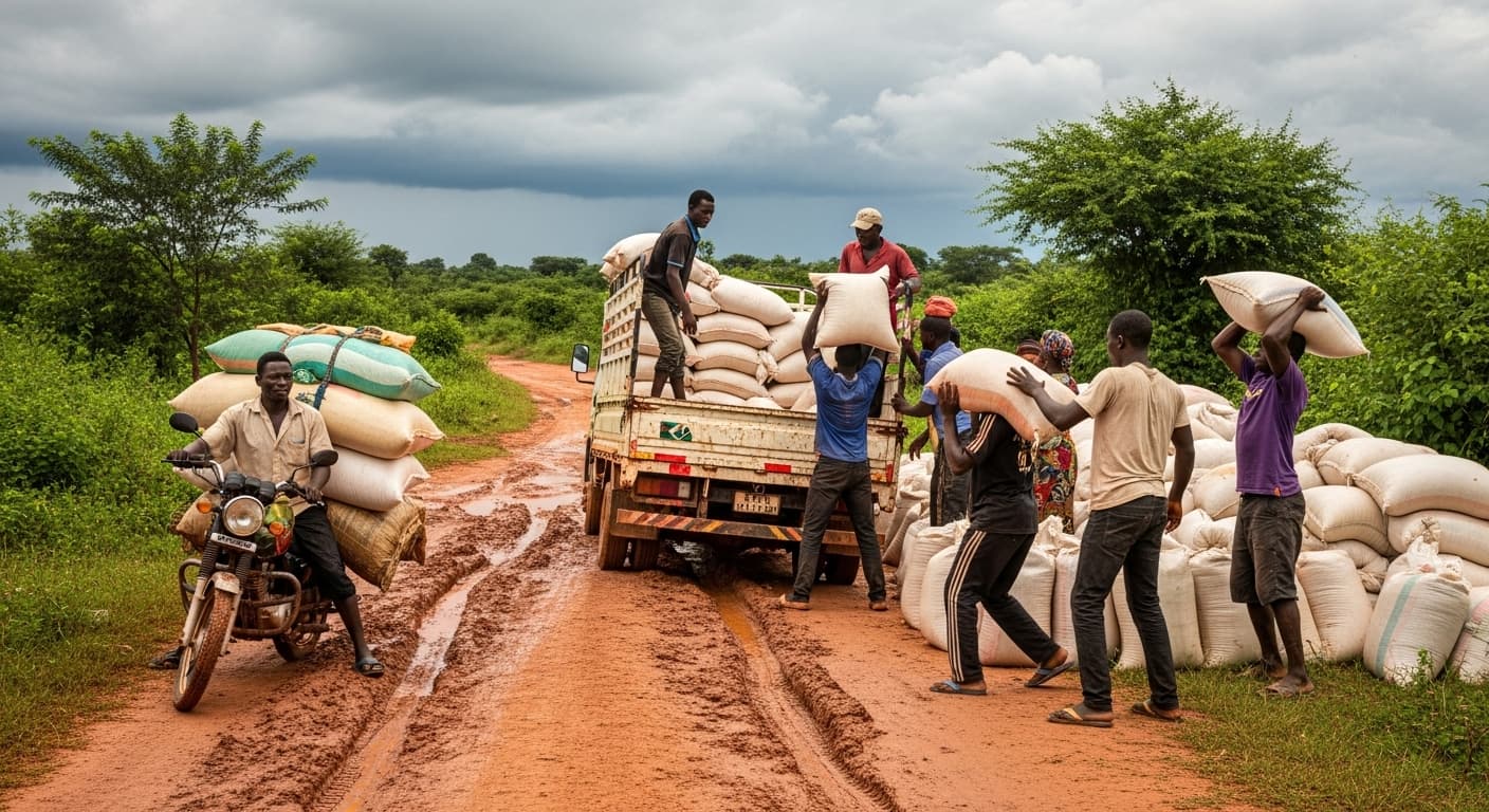 An overloaded motorcycle and a small truck are stuck on a muddy rural road while farmers load maize sacks under a cloudy sky in Ghana (AI-generated image).