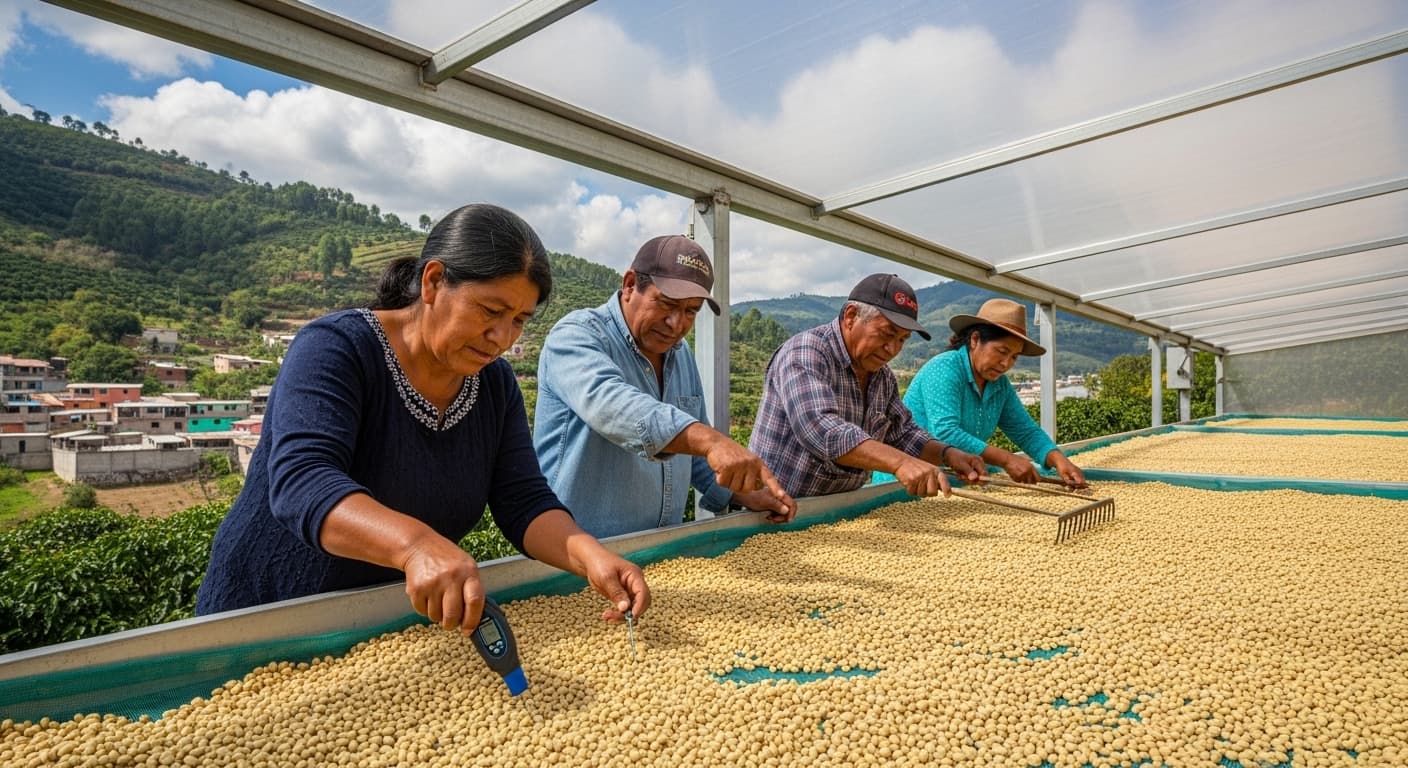 Meksika’da, çiftçilerin nem ölçerleri incelediği topluluk tipi güneş enerjili kahve kurutma tesisi (Yapay zekâ ile oluşturulmuş görsel).