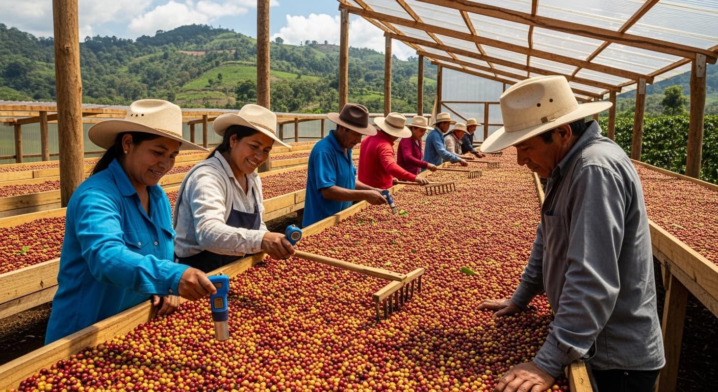 Un secador solar comunitario de café en México con agricultores inspeccionando medidores de humedad (imagen generada por IA).