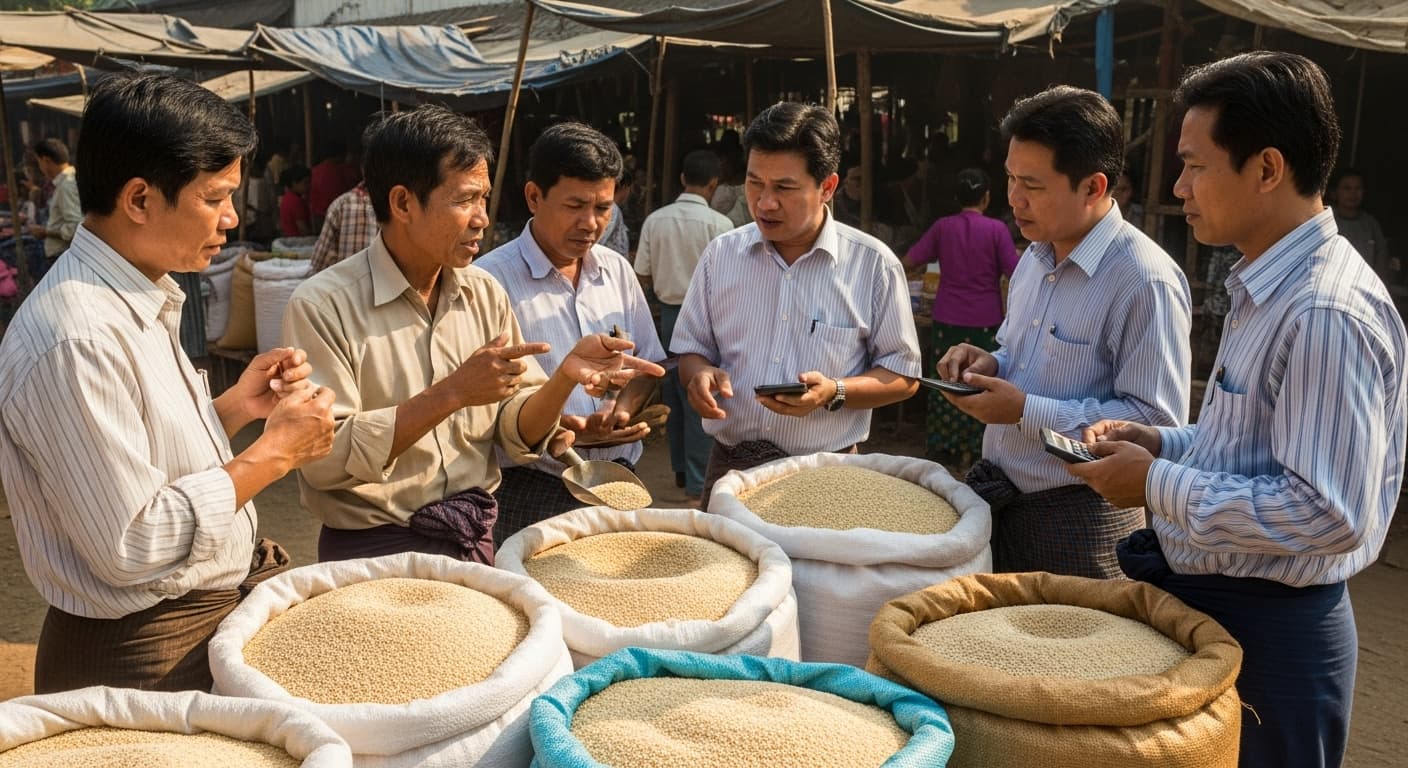 Escena de mercado con comerciantes y agricultores negociando la compra de sésamo en Myanmar (imagen generada por IA).