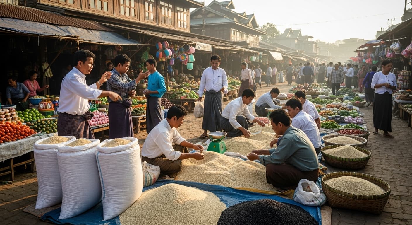 Scène de marché montrant des commerçants et des agriculteurs négociant l'achat de sésame au Myanmar (image générée par IA).