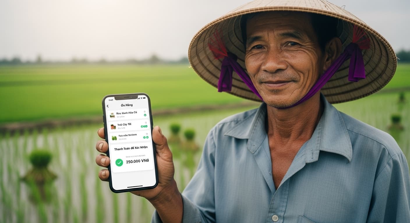 Un agricultor vietnamita sostiene un teléfono inteligente que muestra una interfaz sencilla de un mercado electrónico con pedidos y confirmaciones de pago (imagen generada por IA).