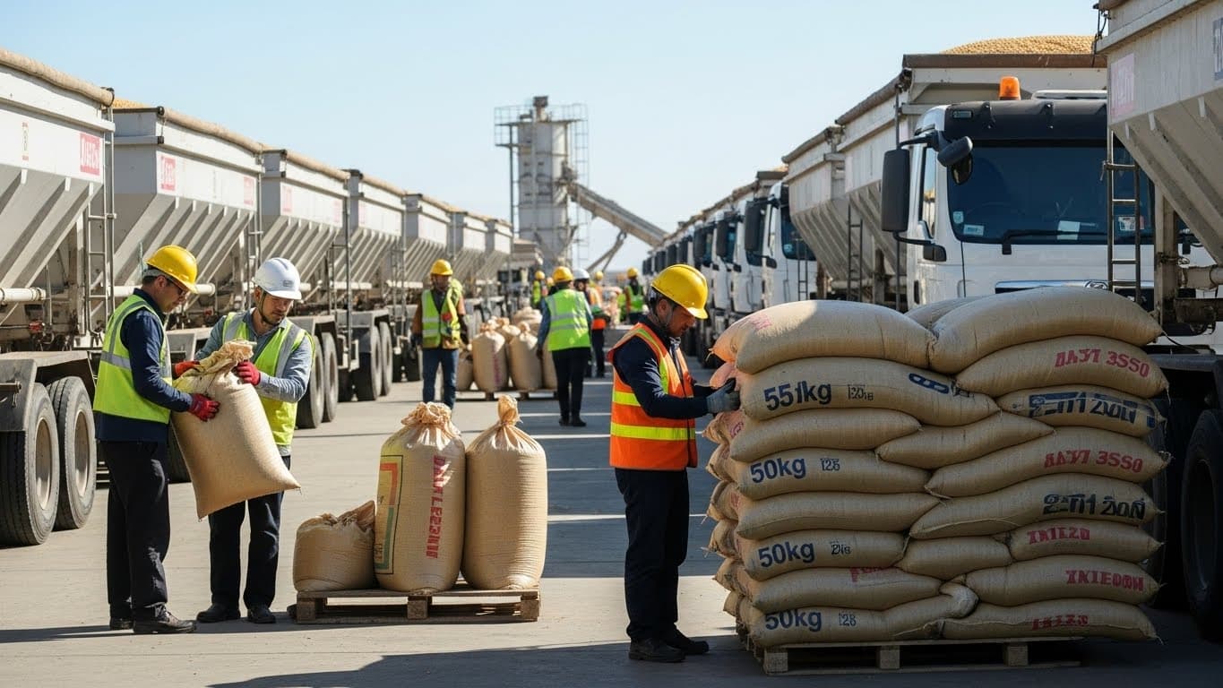 An industrial aggregation yard with bulk soybean trucks and workers inspecting 25-kg and 50-kg jute/PP bags. (AI-generated image)