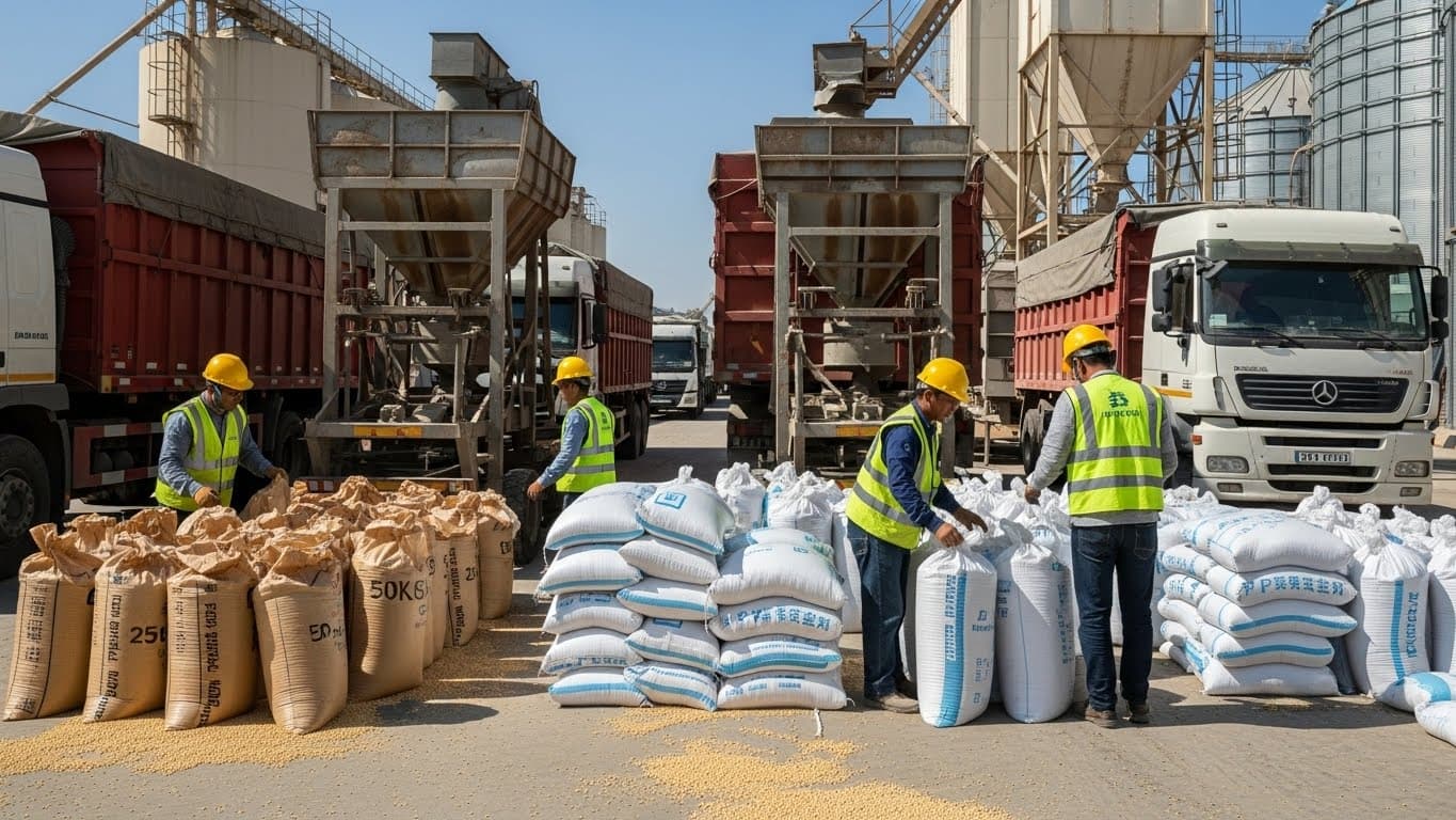 Une aire d'agrégation industrielle avec des camions transportant du soja en vrac et des ouvriers inspectant des sacs en jute/PP de 25 kg et 50 kg. (Image générée par IA)