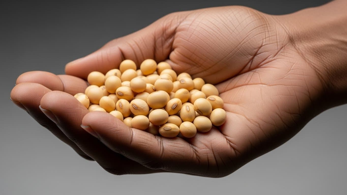 A Nigerian hand holding a handful of cleaned soybeans (AI-generated image)
