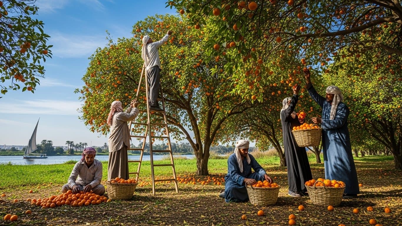 Mısırlı çiftçiler mandalina topluyor (Yapay zeka tarafından oluşturulan görüntü).