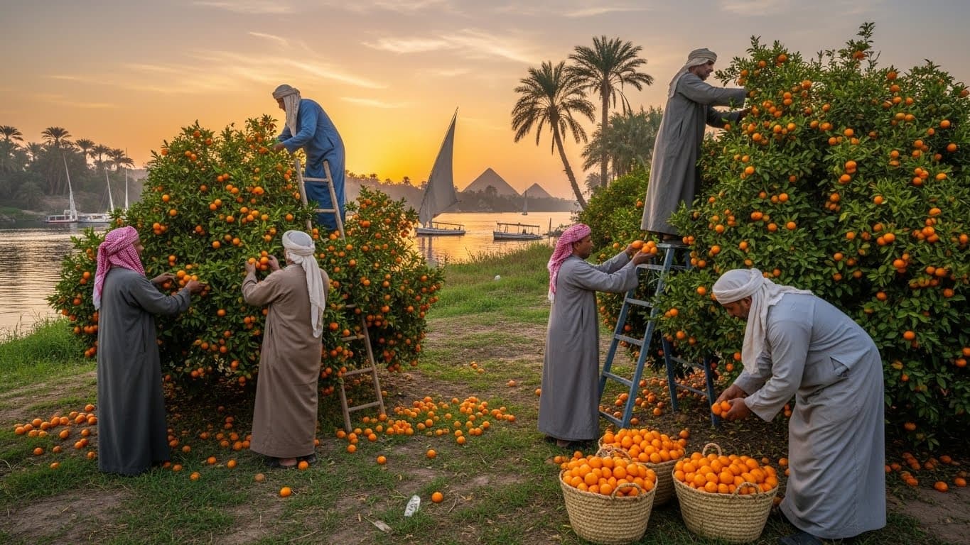 Agricultores egípcios colhendo tangerinas (imagem gerada por IA).