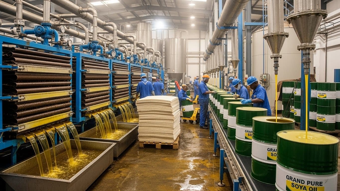 나이지리아에 있는 한 원료 대두유 공장 내부의 여과 단계와 드럼 충전 구역. (AI 생성 이미지)