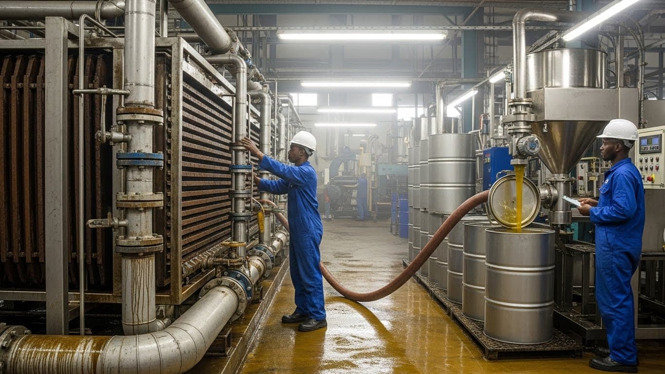 Eine Filtrationsstufe und ein Trommelbefüllungsbereich innerhalb einer Anlage für Rohsojaöl in Nigeria. (KI-generiertes Bild)