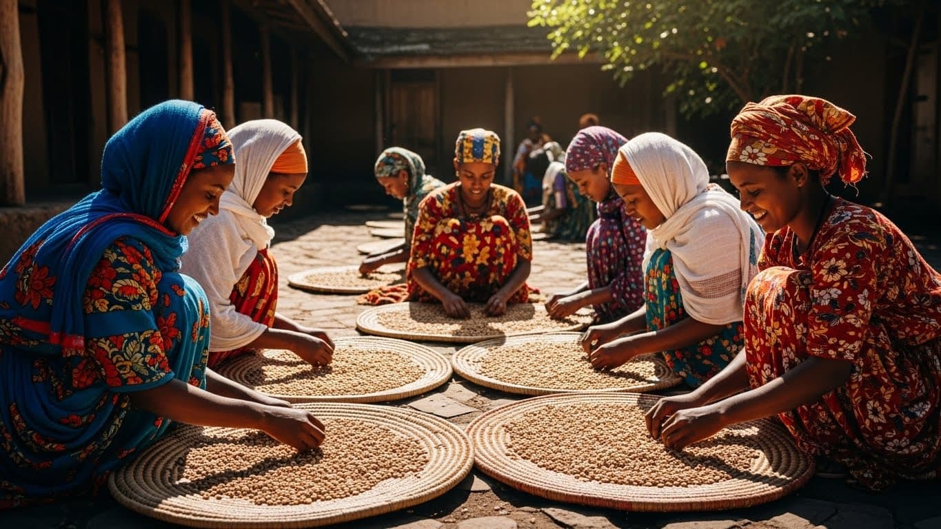 Mujeres clasificando a mano granos de café en Etiopía (imagen generada por IA).