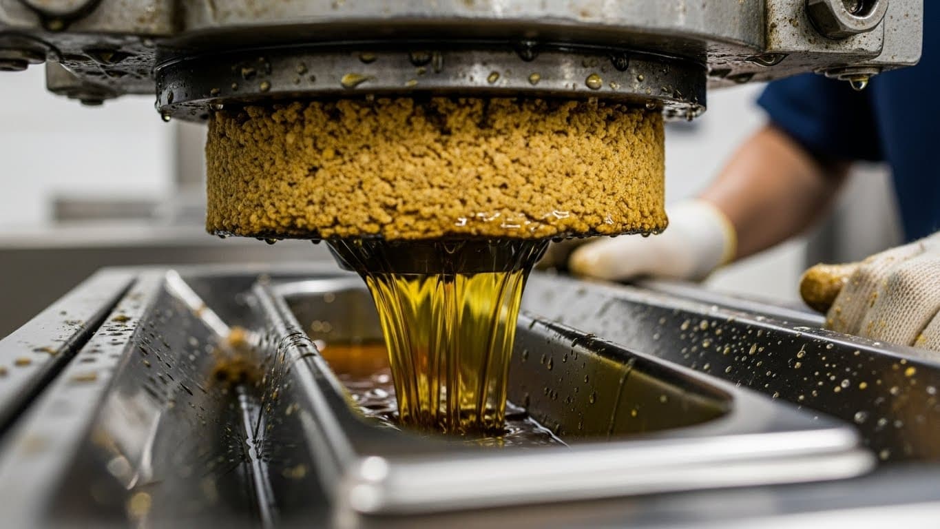 Vidalı ekspeller tipi mekanik pres çalışıyor: soya küspesi presleniyor ve sıcak ham yağ paslanmaz çelik oluklara akıyor. (Yapay zekâ tarafından oluşturulmuş görsel)