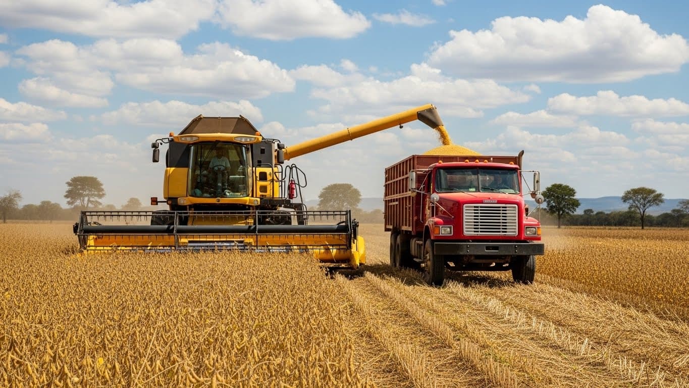 Biçerdöver ve kamyonla gerçekleştirilen Nijerya’da soya fasulyesi hasadı. (Yapay zekâ ile üretilmiş görsel)