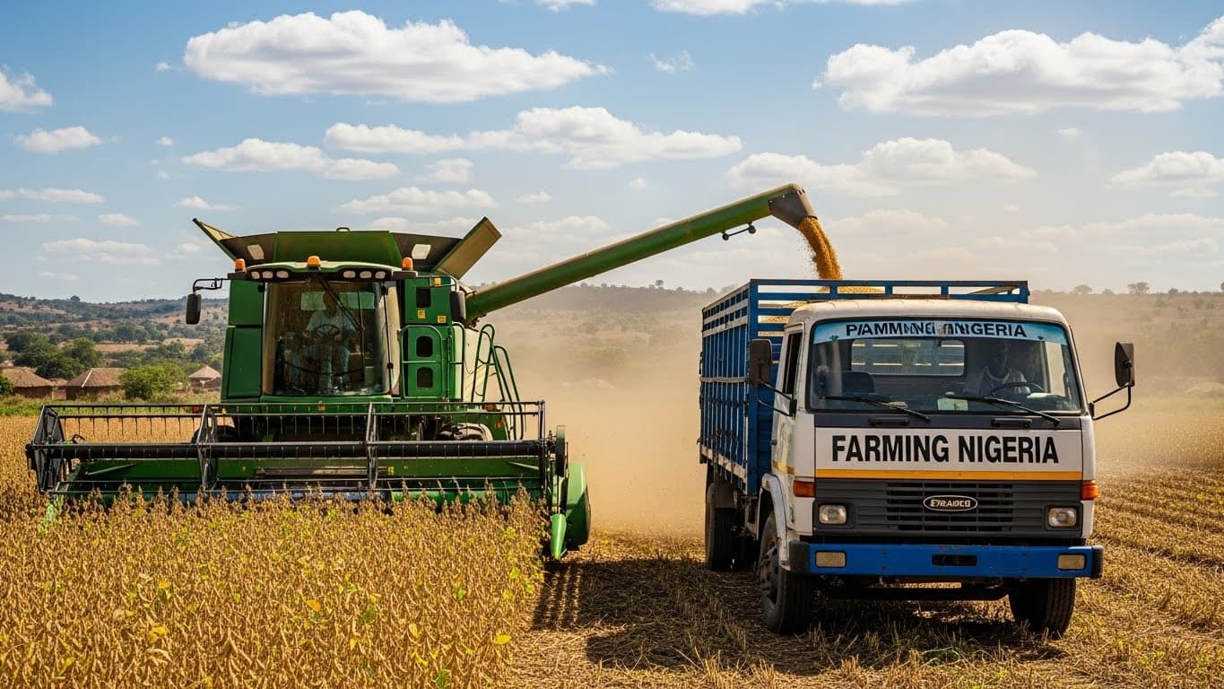 Soybean harvest in Nigeria with a combine harvester and truck (AI-generated image)