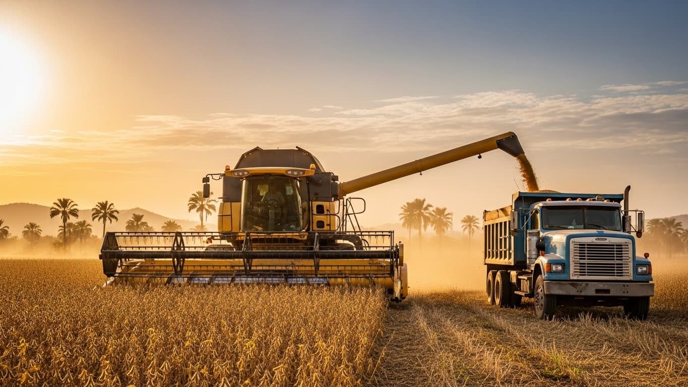 Récolte de soja au Nigeria avec une moissonneuse-batteuse et un camion (image générée par l'IA)
