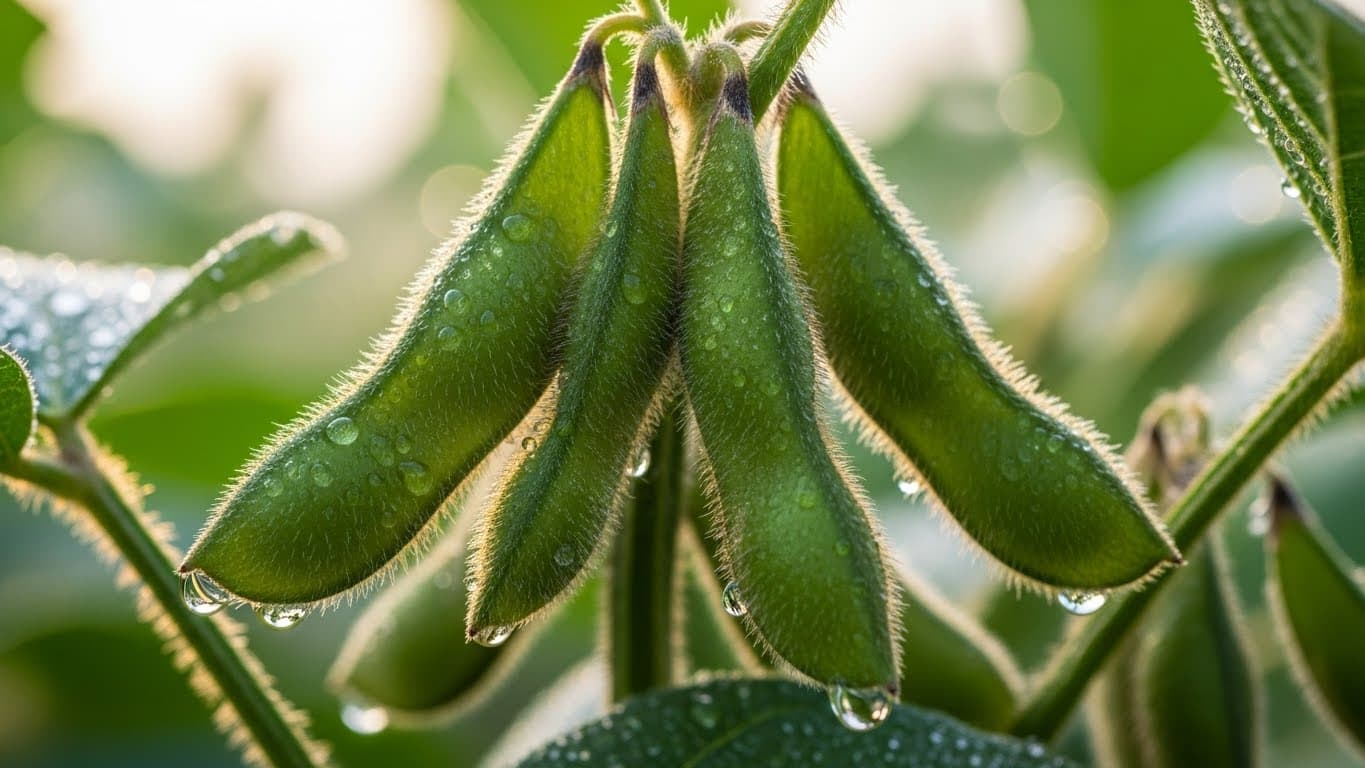 GDO’suz soya fasulyesi baklalarının (TGX çeşidi) bitki üzerindeki yakın plan makro 4K fotoğrafı (Yapay zekâ ile üretilmiş görsel)
