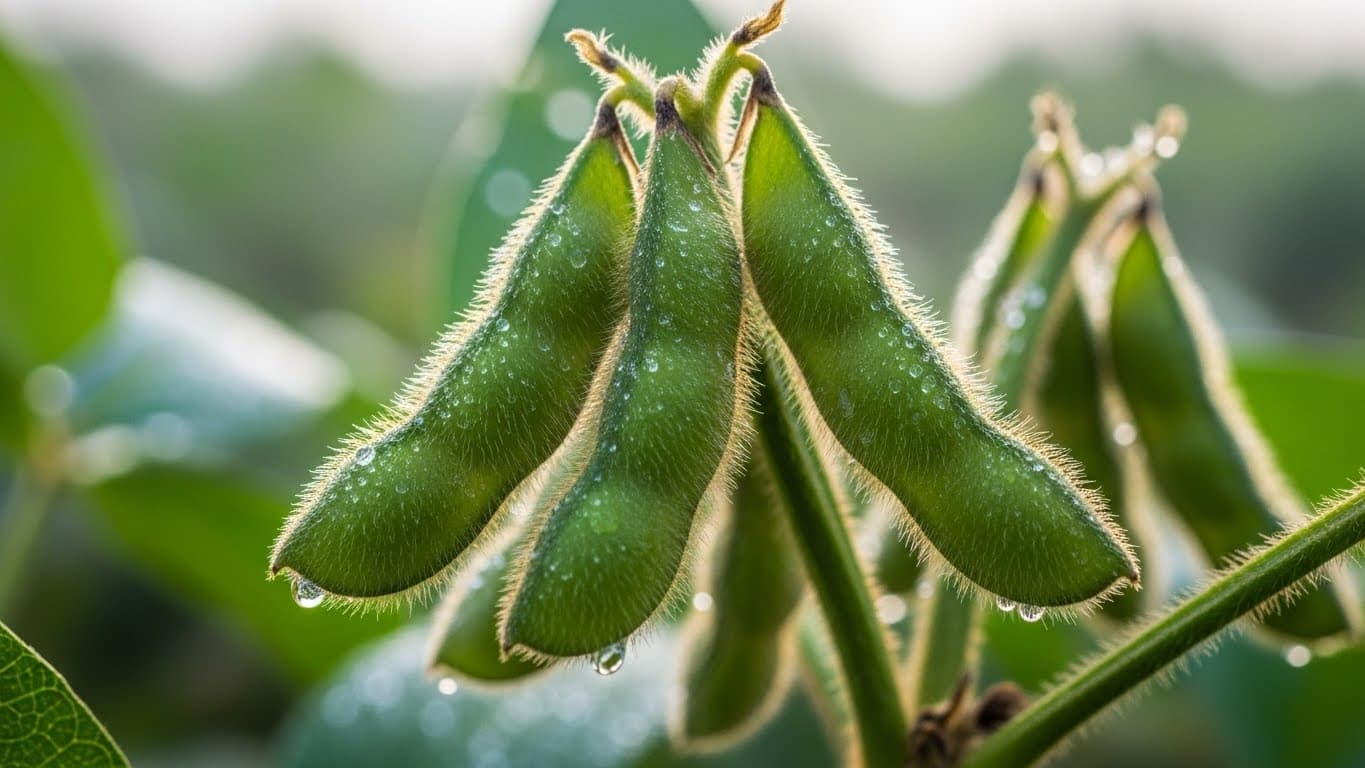 Close-up macro 4K photo of non-GMO soybean pods (TGX variety) on the plant (AI-generated image)