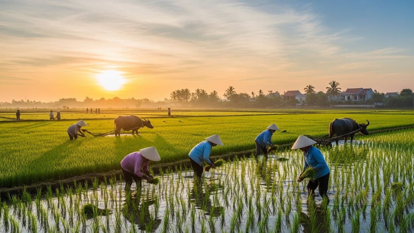 Agricultores vietnamitas trabalhando em um arrozal (imagem gerada por IA).
