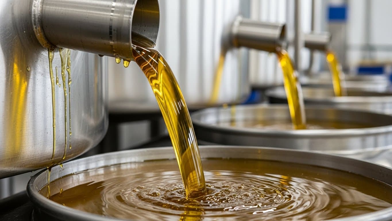 Huile brute de tournesol pompée d'un réservoir en acier inoxydable vers un réservoir de stockage (image générée par IA).