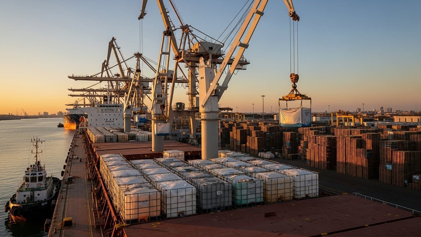 Port scene image of crude soybean oil flexitanks (AI-generated image).