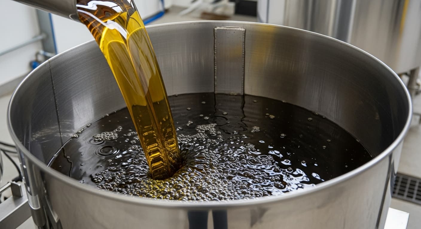 Ham ayçiçek yağı paslanmaz çelik bir varile dökülürken (yapay zekâ tarafından oluşturulan görsel)