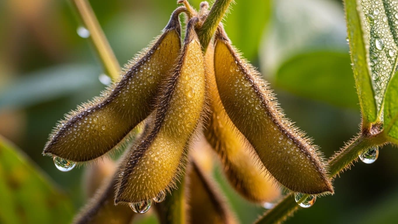 Close-up 4K macro shot of ripe soybean pods on the plant with morning dew (AI-generated image).