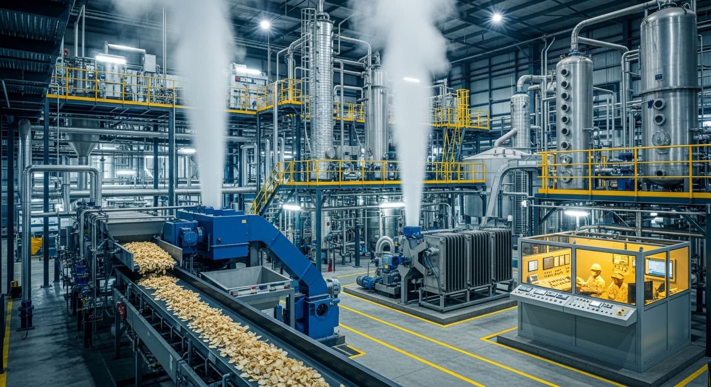 キャッサバチップを原料として使用する稼働中のエタノール工場（AI生成画像）