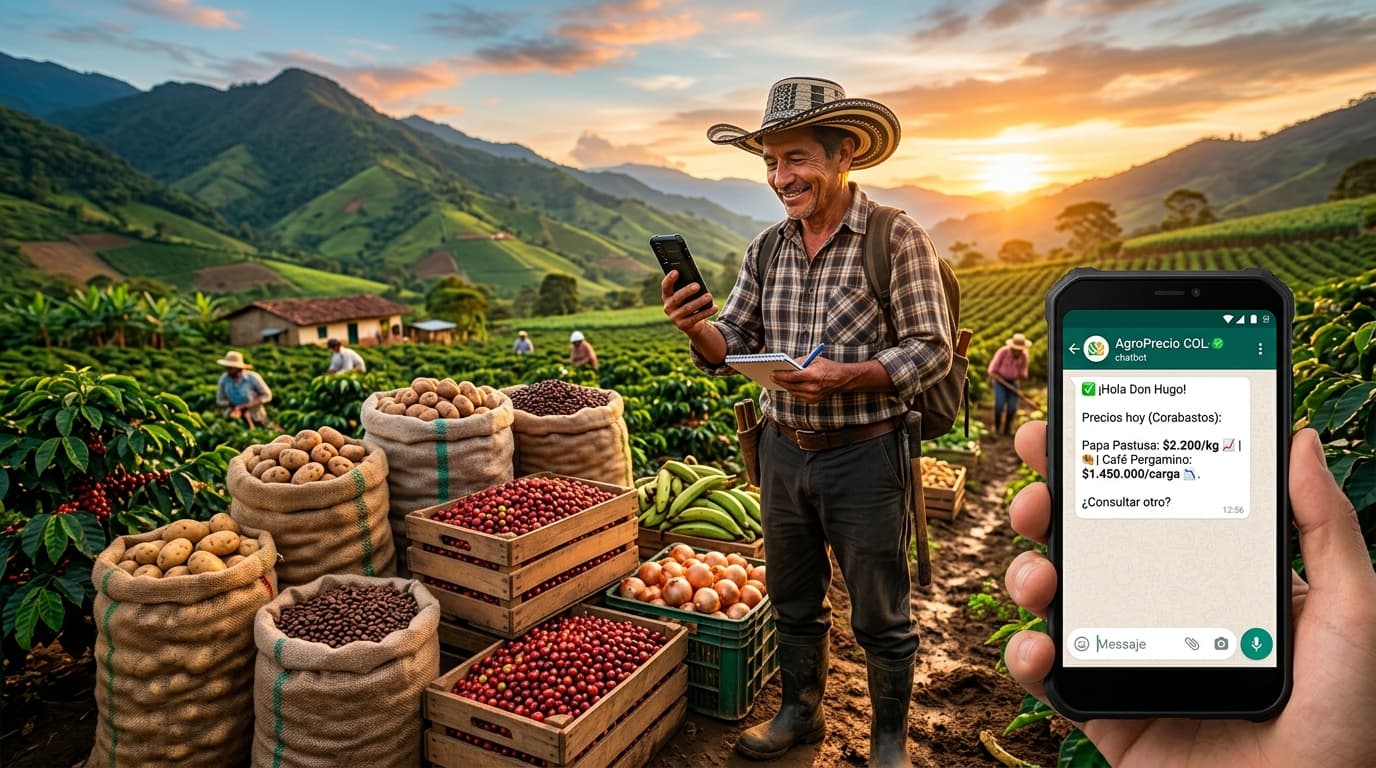 Um agricultor colombiano recebe atualizações de preços de mercado por meio de um chatbot móvel enquanto está ao lado das colheitas já colhidas (imagem gerada por IA).