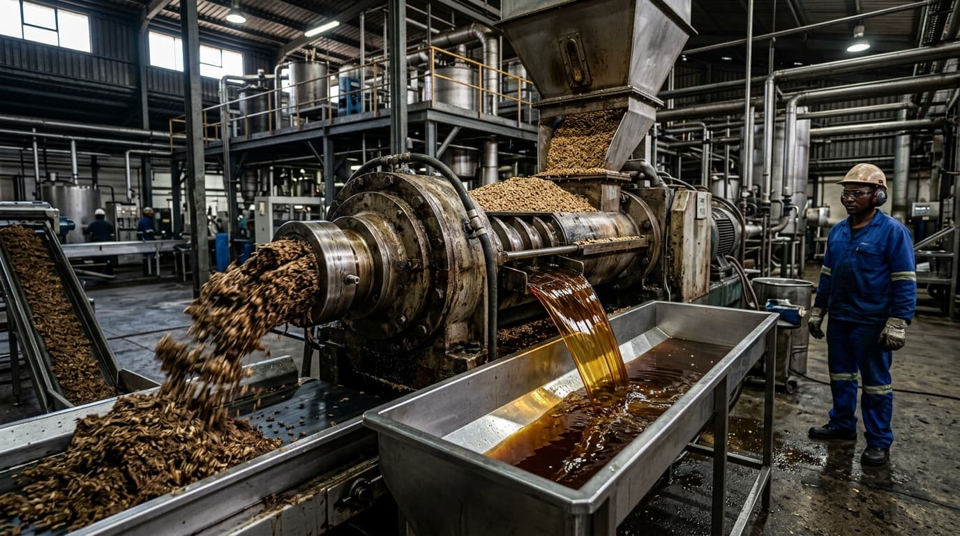بذور دوّار الشمس تُعصر ميكانيكيًا في آلة استخراج الزيت، مع تدفق الزيت الخام إلى قنوات من الفولاذ المقاوم للصدأ (صورة مولدة بالذكاء الاصطناعي)