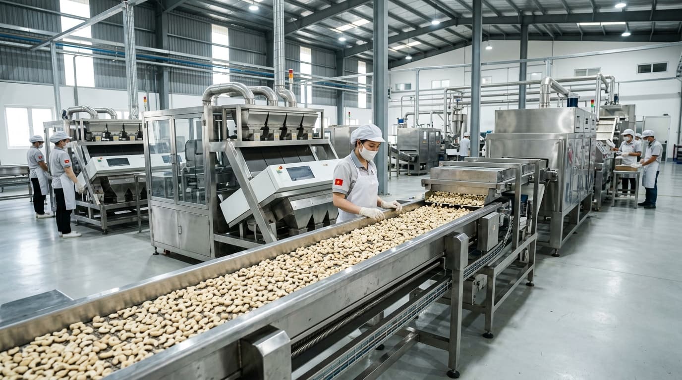 Une usine de transformation de noix de cajou vietnamienne (image générée par IA).