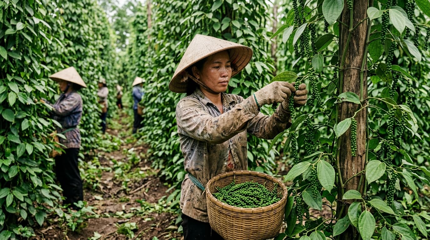 Les agriculteurs vietnamiens récoltent à la main de fraîches grappes de grains de poivre verts (image générée par IA).