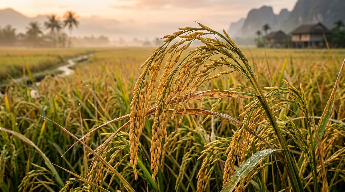 Plantas de arroz vietnamitas maduras en un arrozal, listas para la cosecha (imagen generada por IA).