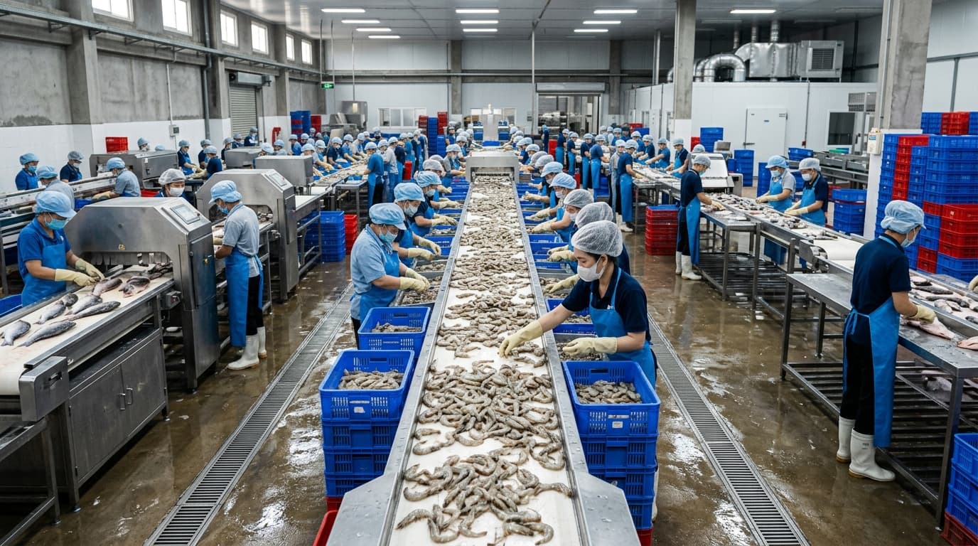 Seafood processing plant in Vietnam (AI-generated image).