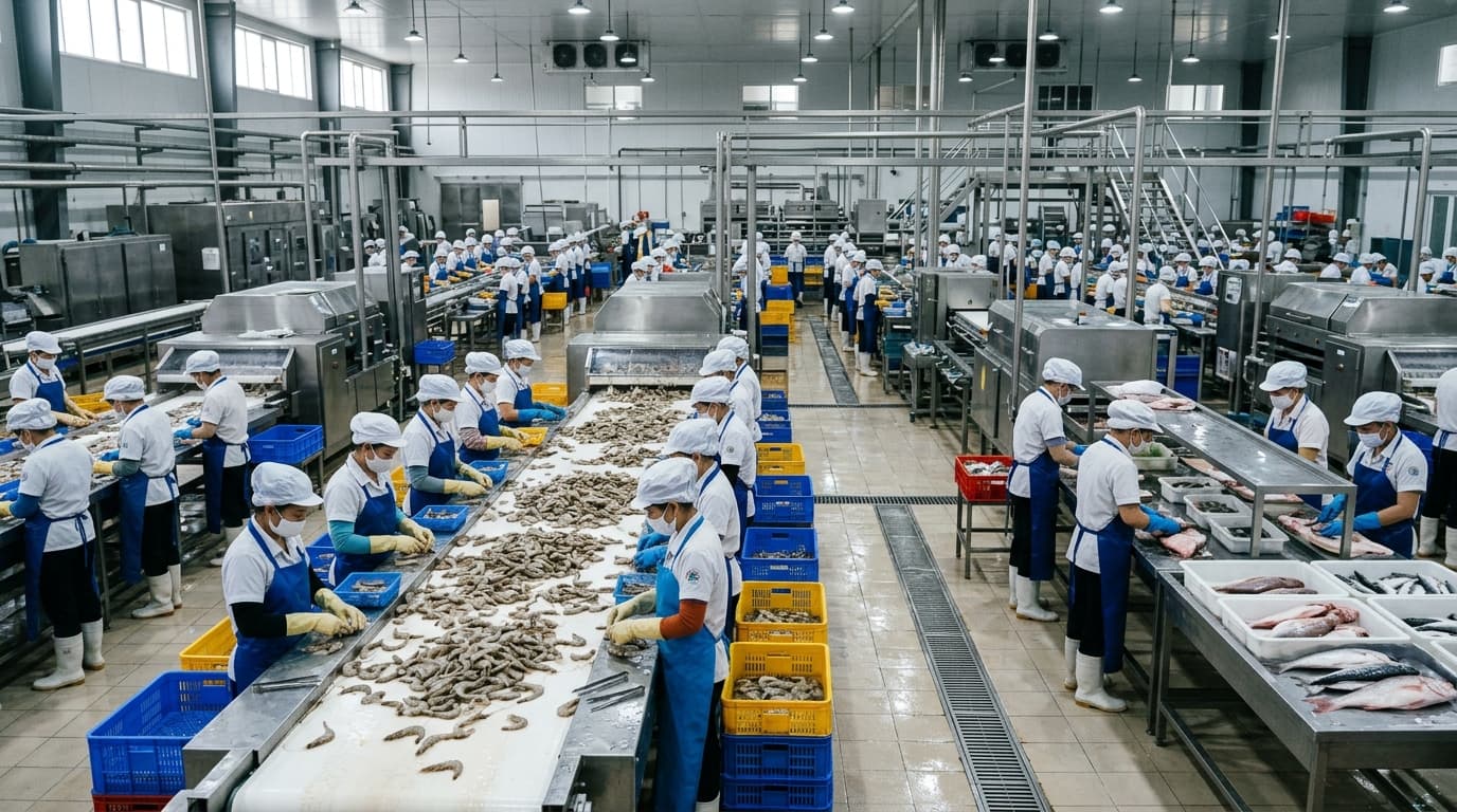 Usine de transformation de produits de la mer au Vietnam (image générée par IA).