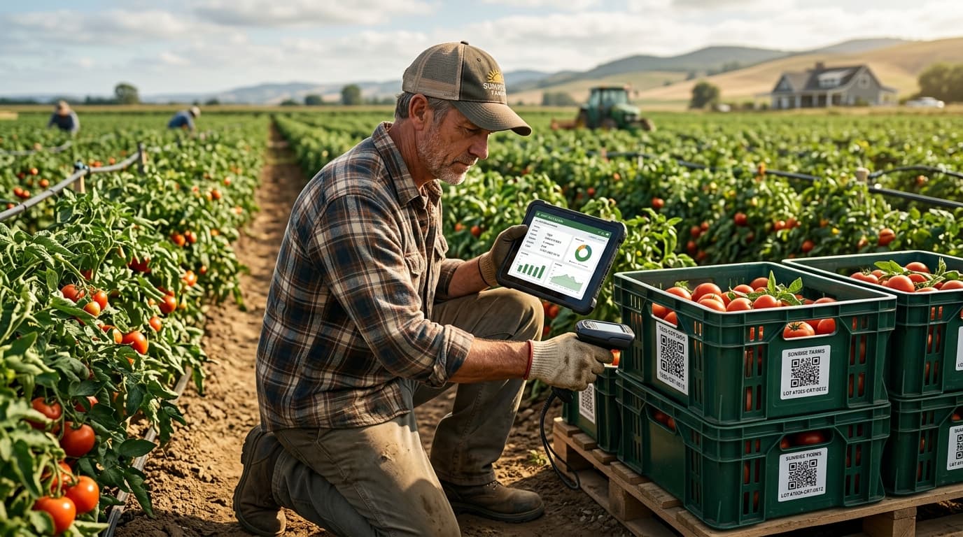 Um sistema de rastreabilidade digital exibido em um tablet no campo (imagem gerada por IA).