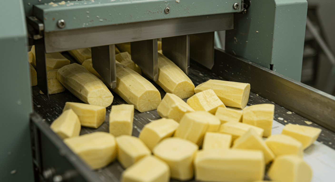 Découpe mécanique du manioc pelé (image générée par IA).