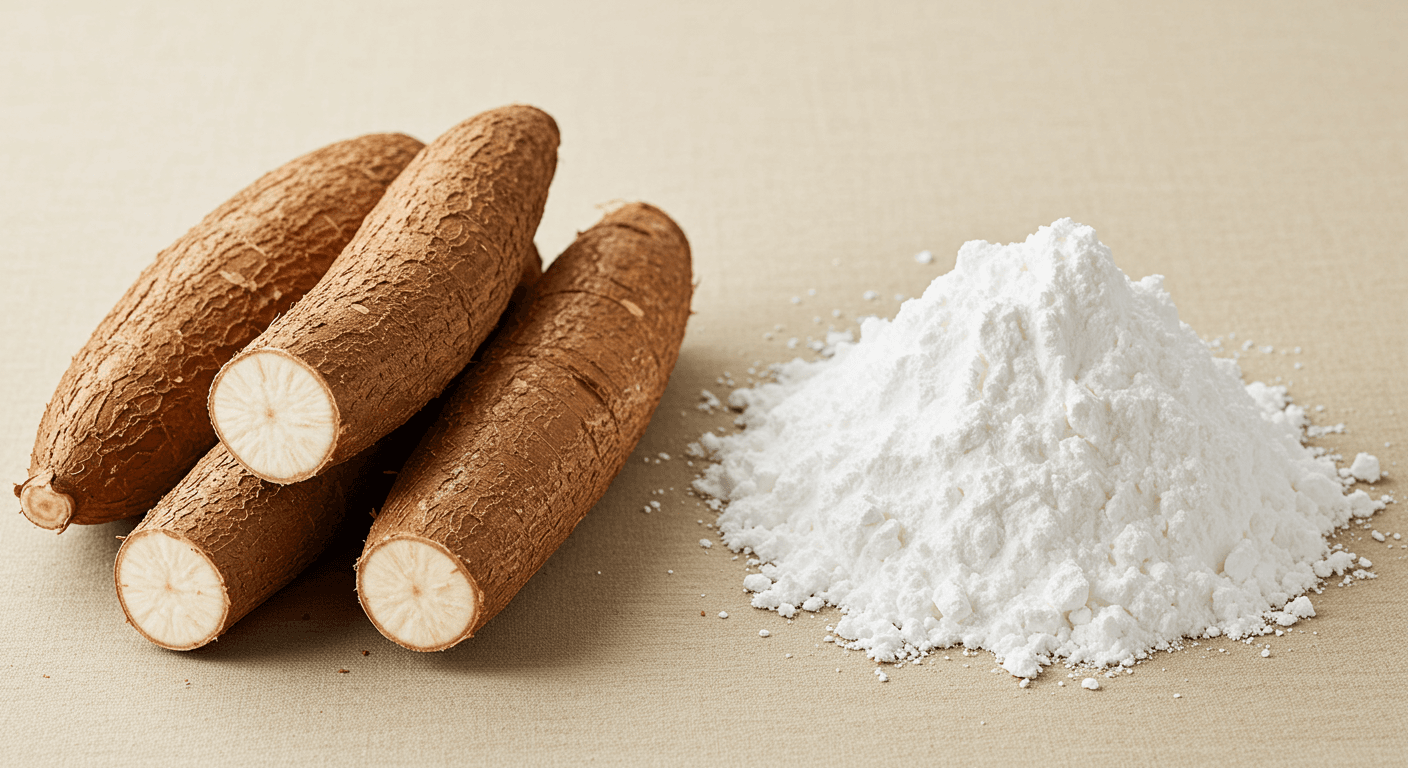 Raízes de mandioca e amido de mandioca lado a lado (imagem gerada por IA).