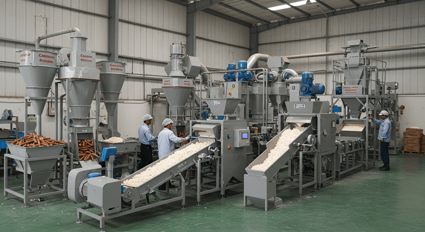 Linha de produção de amido de mandioca (imagem gerada por IA).