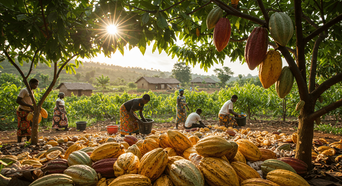 Récolte de cabosses de cacao au Ghana (image générée par l'IA).