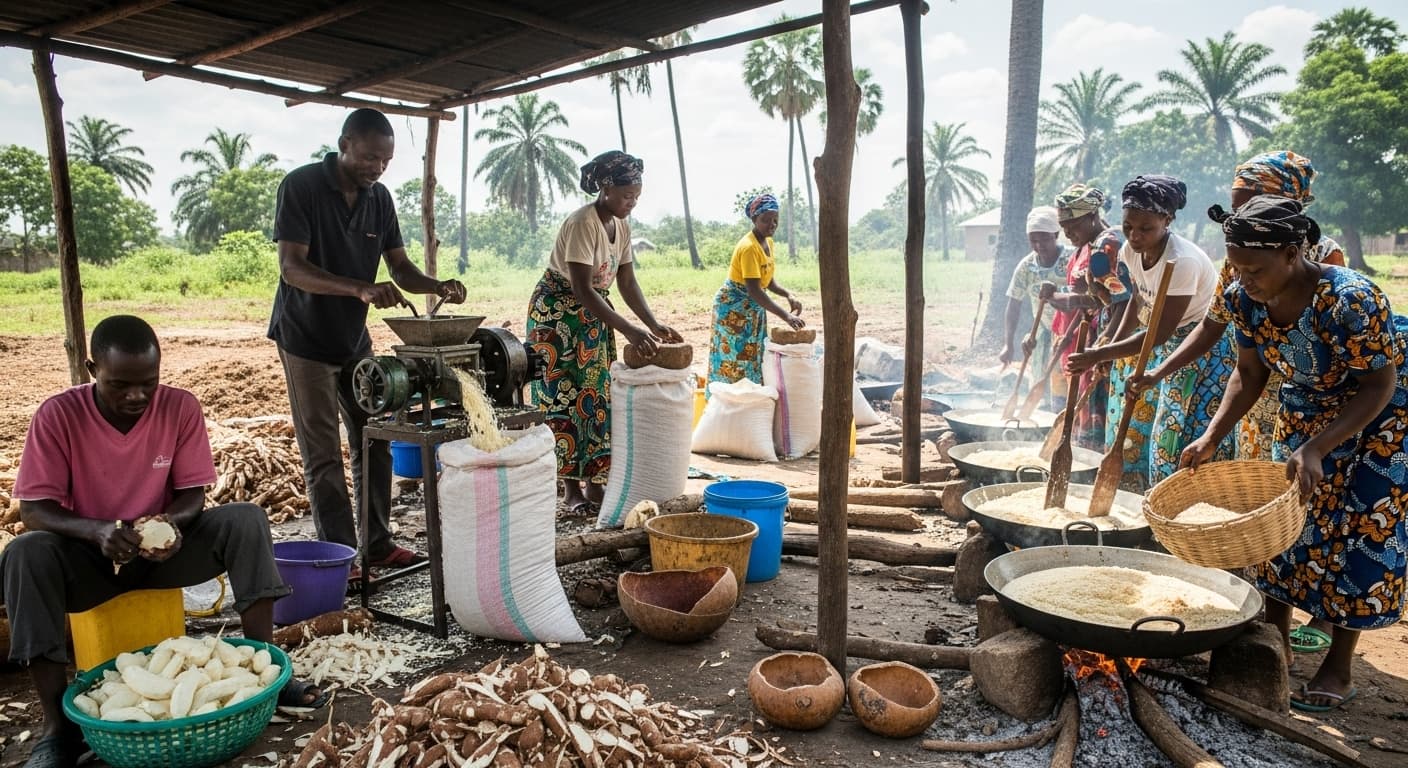 Ligne de production de gari à petite échelle au Nigéria (image générée par IA).