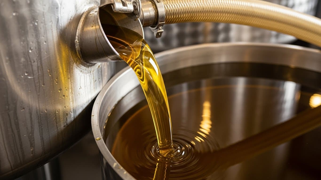 Crude sunflower oil being pumped from a stainless-steel tank into a storage tank (AI-generated image).