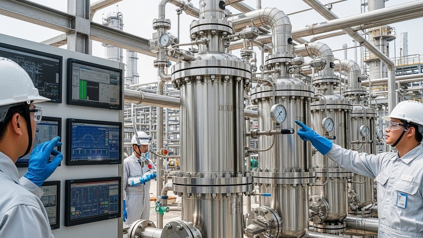Sunflower oil filtration equipment in a refinery, with technicians in PPE monitoring screens (AI-generated image)