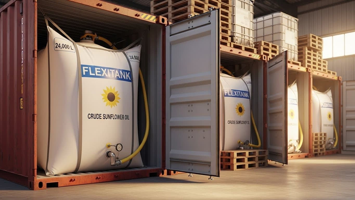A warehouse in Tanzania showing multiple 24,000-L flexitanks of crude sunflower oil inside standard 20-ft shipping containers (AI-generated image).