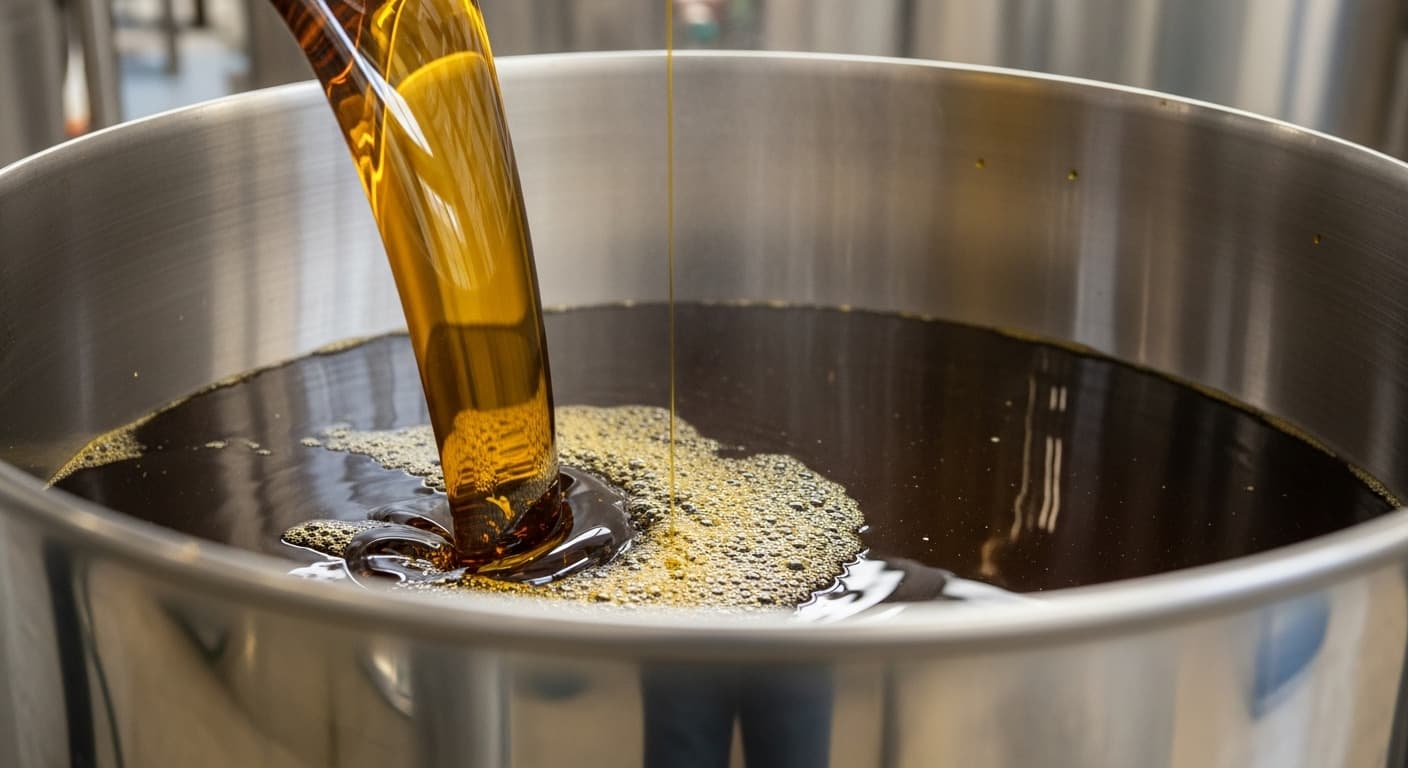 زيت دوّار الشمس الخام يُسكب في برميل من الفولاذ المقاوم للصدأ (صورة مولّدة بالذكاء الاصطناعي)