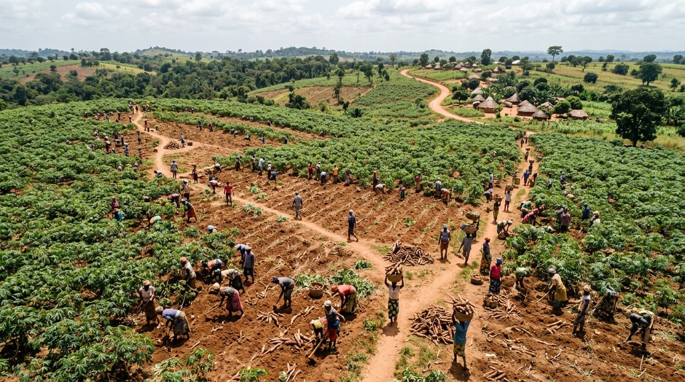 Vue aérienne de vastes champs de manioc au moment des récoltes, avec des petits exploitants portant des tubercules (image générée par IA)