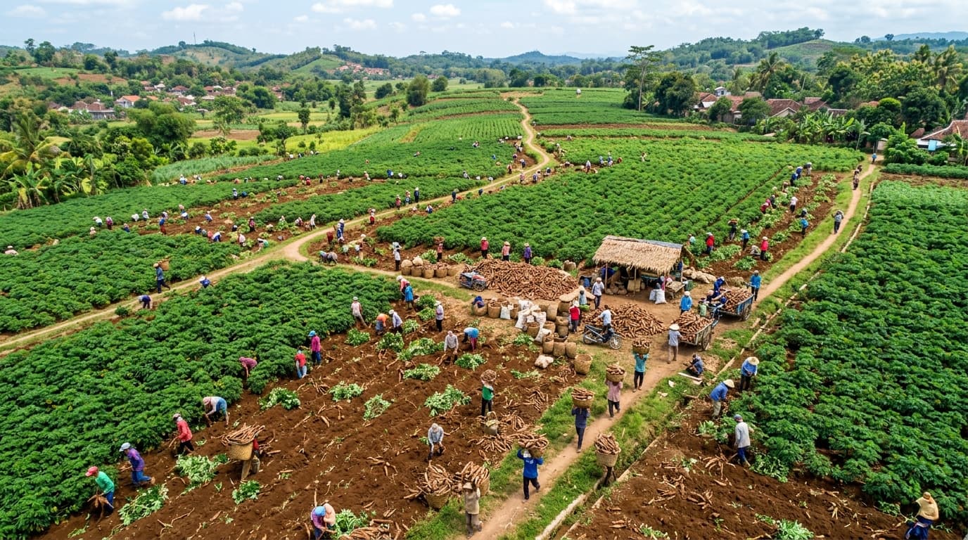 Luftaufnahme weitläufiger Maniokfelder zur Erntezeit, mit Kleinbauern, die Wurzelknollen tragen (KI-generiertes Bild)